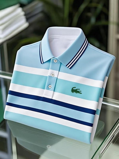 Men's Classic Business Four-Color Stripe Logo Button Short Sleeve Polo Shirt