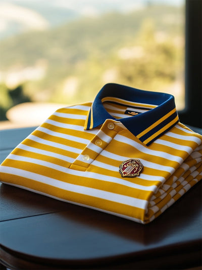 Premium Men's Long Sleeve Business Casual Polo Shirt - Cotton Blend Striped Design