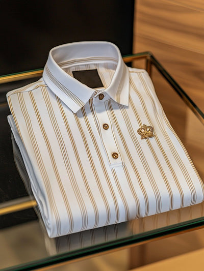 Classic Striped Men's Business Long Sleeve Polo Shirt with Crown Emblem