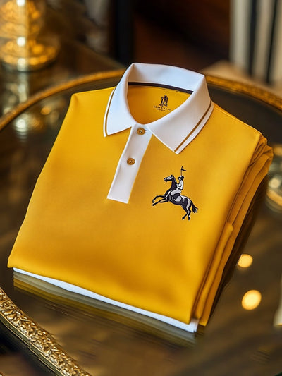 Premium Men's Classic Business Check Emblem Short Sleeve Polo Shirt